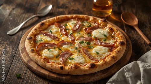 Ultra-realistic photo of a Duck, Goat Cheese Honey pizza on a dark brown wooden table, warm natural light from the left. Melted mozzarella, goat cheese, honey drizzle, and duck slices