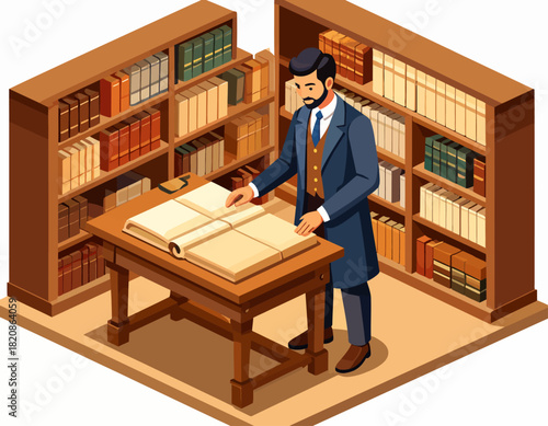 Man in a suit stands in a library, examining a large open book on a table, surrounded by bookshelves filled with books.