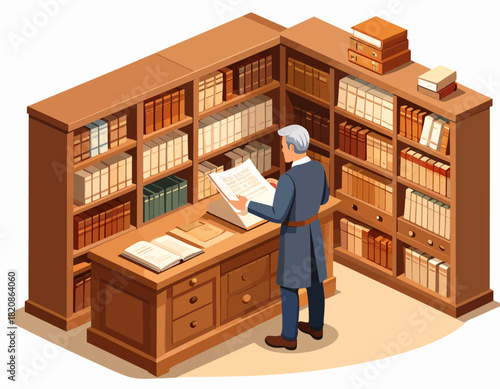 Isometric illustration of a man in a library reading a large document, surrounded by bookshelves and a desk with open books.
