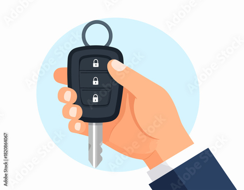 Hand holding a car key with lock and unlock buttons, set against a light blue circular background.