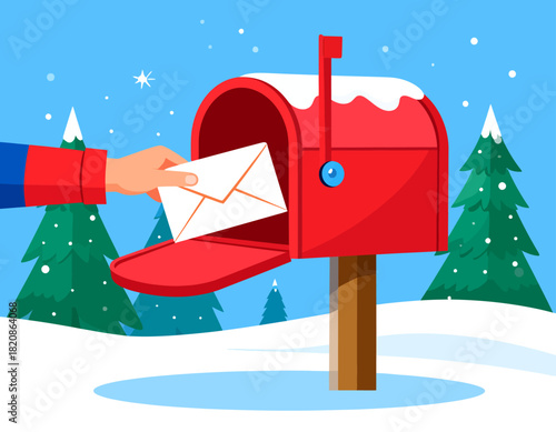 Hand placing a white envelope into a red mailbox covered in snow, set against a winter landscape with pine trees.