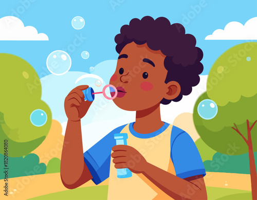 A young boy with dark skin blows bubbles in a park setting, surrounded by trees and a blue sky with fluffy white clouds.