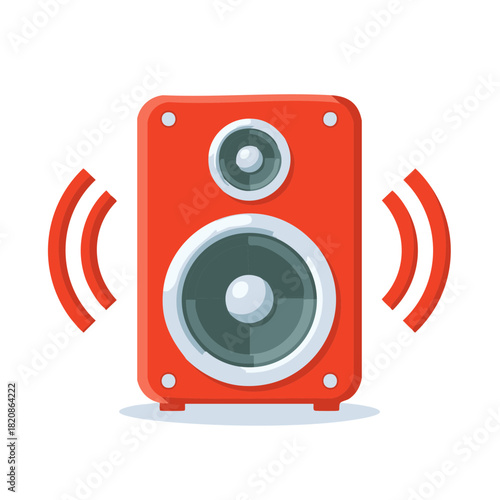 Vibrant red speaker system radiating sound waves and music.