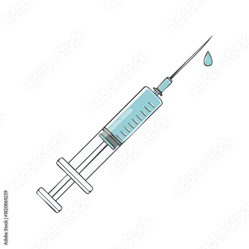 Medical syringe illustration with liquid dropping, healthcare concept