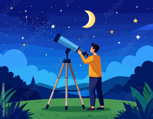 Man observes the night sky through a telescope, with a crescent moon and stars visible above a landscape.
