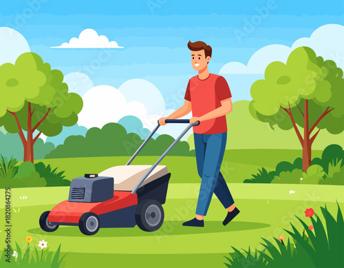 Man mowing the lawn with a red and white lawnmower on a sunny day in a green field with trees and flowers.