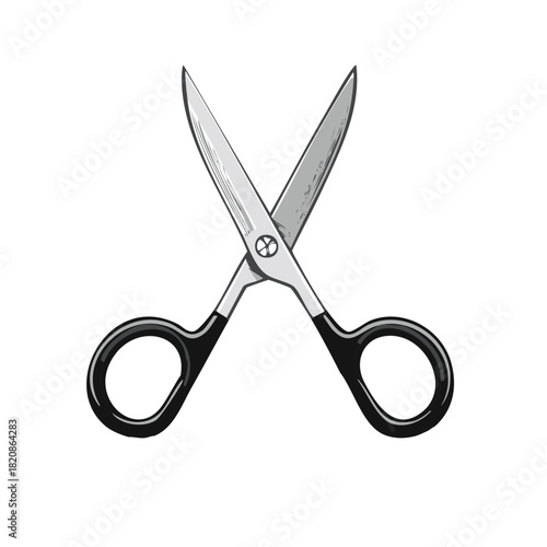 Open Pair of Black Handled Scissors with Silver Blades and a Rivet