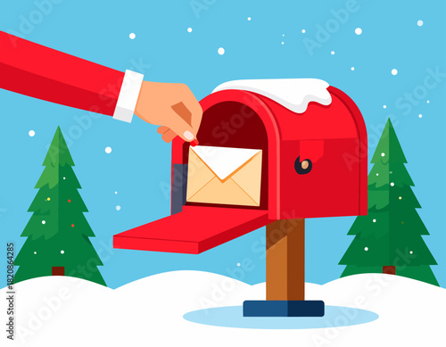 A hand in a red sleeve is placing a white envelope into a red mailbox covered in snow, with snowy ground and Christmas trees in the background.