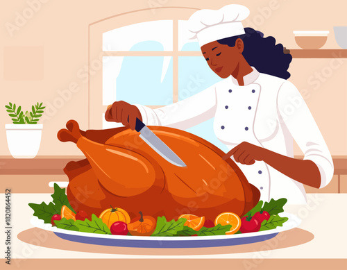 A female chef in uniform carves a roasted turkey on a platter garnished with fruit and vegetables.