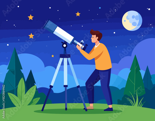 An illustration of a man using a telescope at night, observing the moon and stars in a scenic outdoor setting.