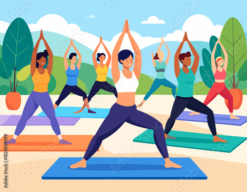 A group of diverse women practicing yoga outdoors in a park, performing the warrior pose with raised hands, on colorful mats, surrounded by trees and hills.