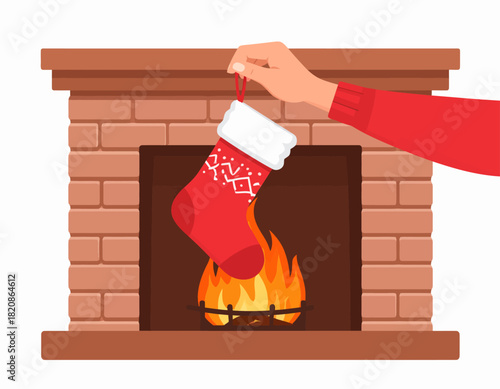 Hand holding a red Christmas stocking in front of a lit fireplace with brick surround, festive holiday illustration.