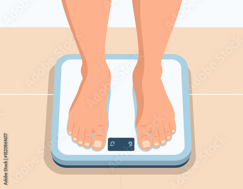Person's bare feet standing on a digital bathroom scale on a tiled floor.