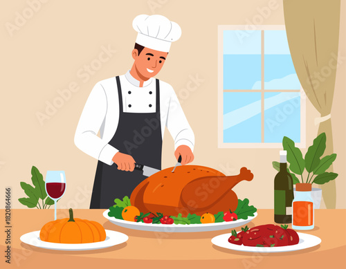 Chef in uniform carves a roasted turkey on a table with festive Thanksgiving dishes, including pumpkin, red wine, and cranberry sauce.