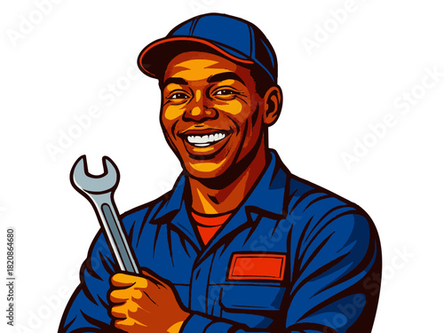 male mechanic in uniform holding a wrench, symbolizing skill, labor, and technical work. Generative ai vector colorful pop art illustration.