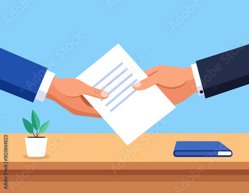 Two hands exchanging a document over a desk, with a plant and a notebook visible, against a light blue background.