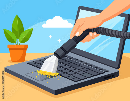Hand cleaning a laptop keyboard with a vacuum cleaner, with a potted plant visible on the desk, against a blue sky background.