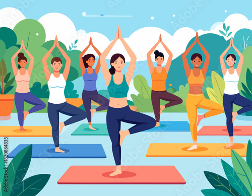 A group of women practice yoga in a park, performing the tree pose on individual mats surrounded by trees and foliage.