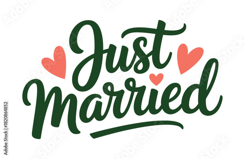Decorative 'Just Married' text with heart accents, signifying the joyous beginning of a couple's life together.
