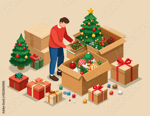 Man unpacking Christmas decorations from cardboard boxes, including a tree, ornaments, and wrapped gifts, preparing for the holiday season.