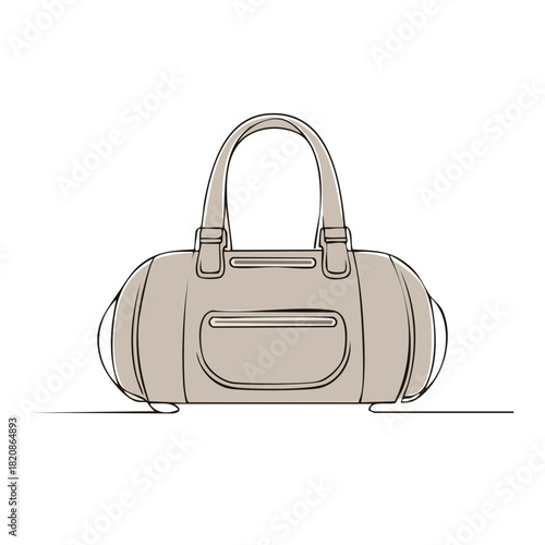 Simple line art illustration of a beige duffel bag with double handles.