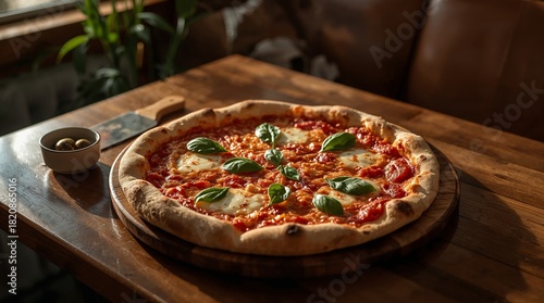 Ultra-realistic photo of a Margherita pizza on a dark brown wooden table, warm natural light from the left, cozy restaurant ambiance. Melted mozzarella, tomato sauce, fresh basil leaves, golden crust