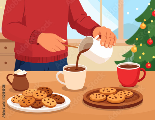 A person pours hot chocolate into a mug near cookies and a Christmas tree, creating a cozy holiday scene.