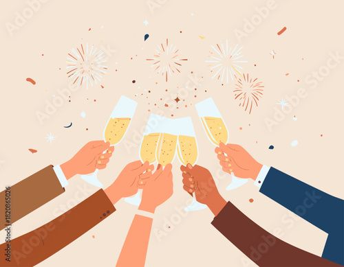 Illustration of diverse hands raising champagne flutes in a toast against a backdrop of celebratory fireworks and confetti.