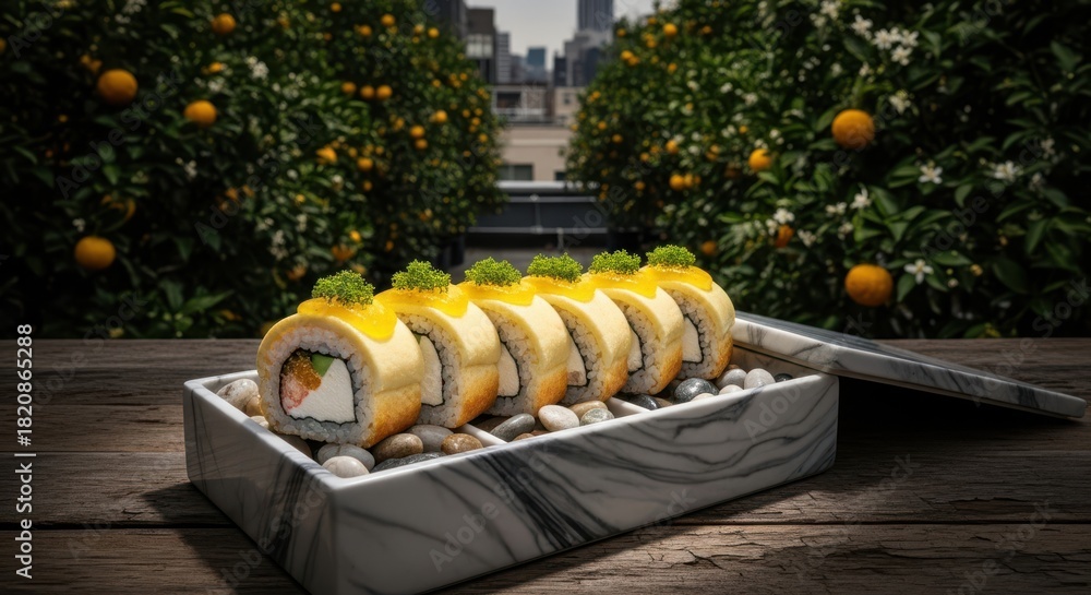 Fototapeta premium Japaneese cheesecake Deliciously crafted sushi roll topped with mango and garnished with microgreens, presented elegantly in a marble tray on a rustic wooden table.