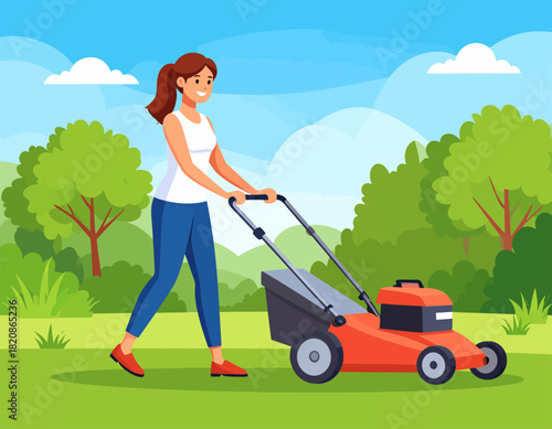 A woman is pushing a red lawnmower across a green lawn in a park on a sunny day, with trees and blue sky in the background.