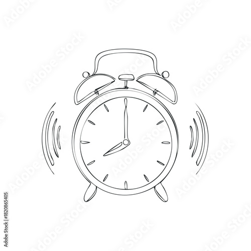 Hand drawn alarm clock ringing with sound waves graphic illustration