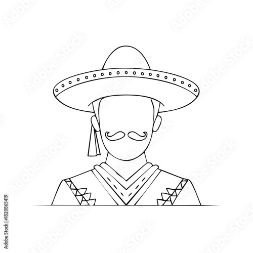 Stylized Mexican Man with Sombrero and Moustache Illustration Line Art