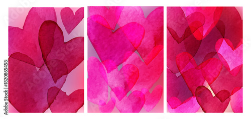 Set of watercolor backgrounds with pink hearts. Pattern with overlapping pink hearts. Romantic background for Valentine's Day, Mother's Day, March 8, etc. Cute background with hearts.