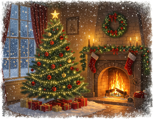 A cozy living room glows with Christmas warmth, twin fireplaces, a radiant tree, and beautifully wrapped presents filling the scene. Amazing Christmas digital illustration. CG Artwork Background