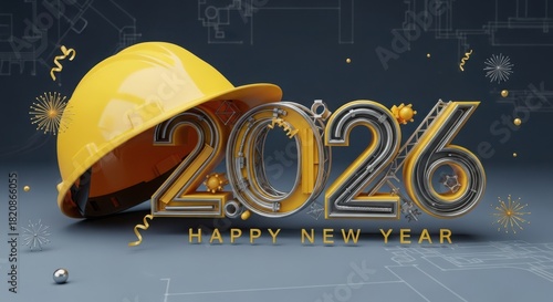 Happy new year 2026 with construction theme and hard hat