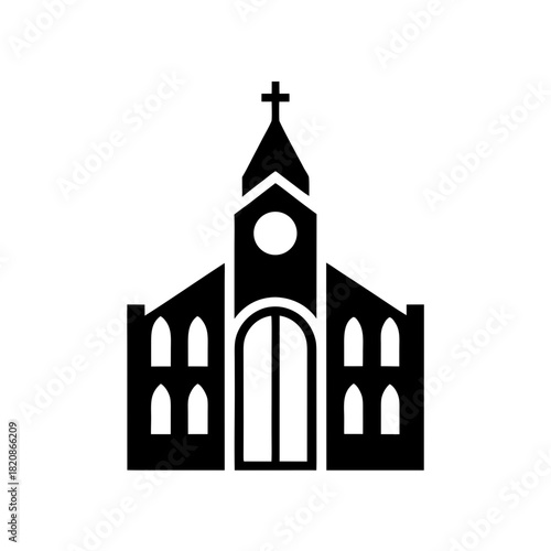 Illustration of a church building with cross on top peak on transparent background silhouette