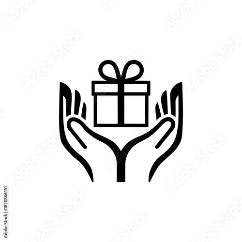Two hands holding a present or gift box with a ribbon on transparent background silhouette