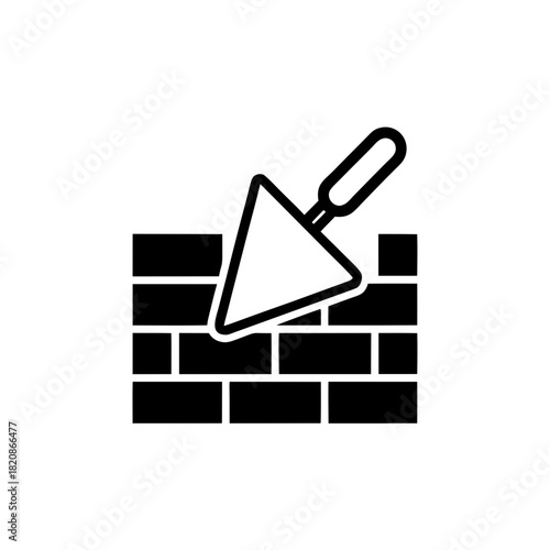 Illustration of a brick wall with a trowel on top of it on transparent background silhouette