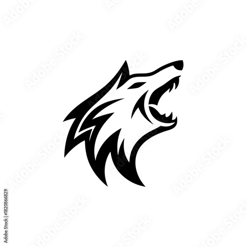 Illustration of a black wolf head roaring in profile view on transparent background silhouette