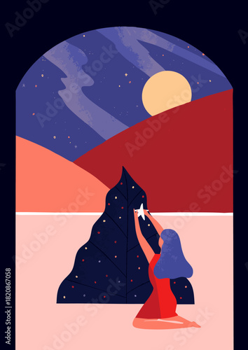 Woman decorating Christmas tree under night sky, abstract vector illustration