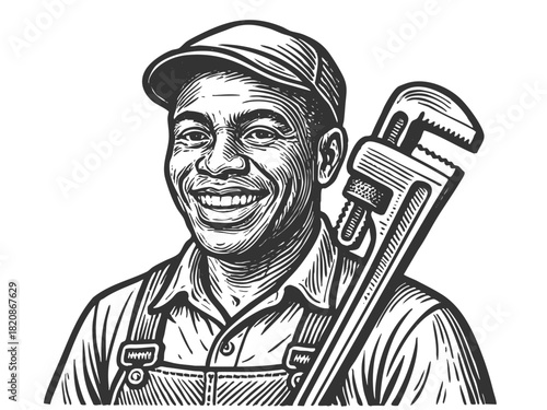 confident man plumber in cap and overalls, holding a large adjustable pipe wrench sketch engraving generative ai fictional character vector illustration. Scratch board imitation. Black and white.