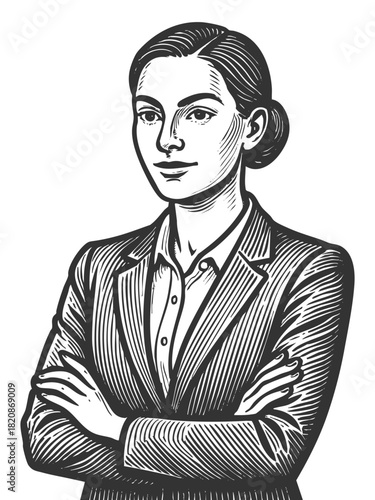 poised and confident woman in a suit, leadership, professionalism, and authority sketch engraving generative ai fictional character vector illustration. Scratch board imitation. Black and white image.