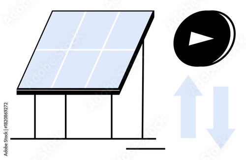 Solar panel structure absorbing sunlight with upward and downward arrows representing energy flow and a circular energy activation button. Ideal for renewable energy, sustainability, power flow