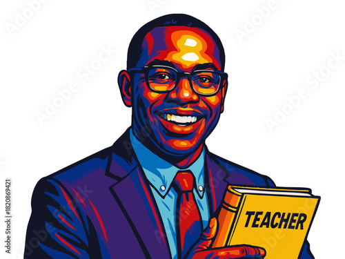 cheerful male teacher in glasses and suit, holding a book labeled TEACHER, symbolizing education and knowledge. Generative ai vector colorful pop art illustration.