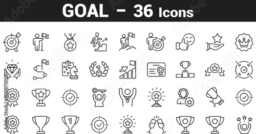 A line-style web icon set featuring business-goal and success concepts, including process, target, focus, human resources, strategy, winner, action plan, and more. Clean design with editable stroke.