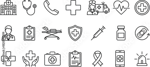 Medical, healthcare, hospital, doctor, nurse, ambulance, stethoscope, medicine, syringe, clipboard, cross, emergency, shield, smartphone, kit, bandage, awareness, heart, service, icon