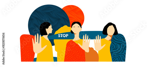 Women in Stop gesture, against gender violence, domestic abuse, harassment. Bold design, yellow, deep blue, red-orange shape. Female solidarity, human right. Flat vector illustration isolated on white