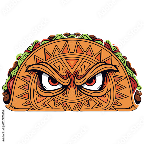 Tribal Angry Taco Character Illustration with Fierce Eyes and Stylized Shell Design