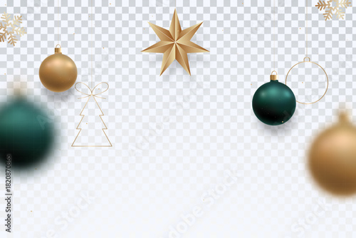 Elegant ornaments in rich colors float against transparent backdrop, evoking festive cheer. Horizontal Christmas header for website template, flat top view.