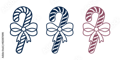 Three stylized candy canes with bows in different outline colors are displayed against a white background, representing a festive holiday theme.
